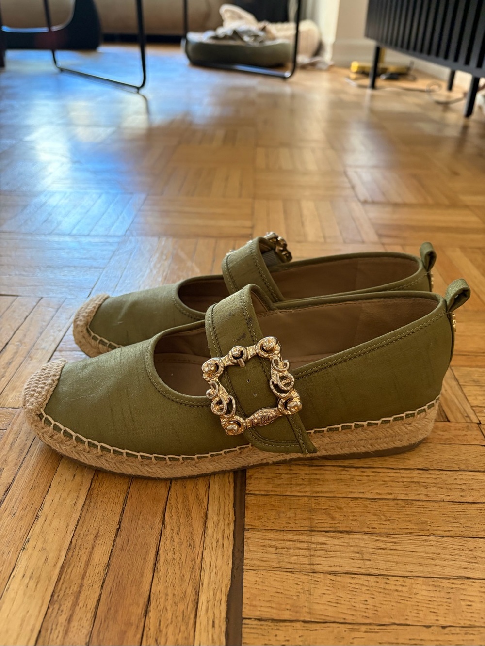 Sam Edelman Olive Green Espadrille Mary Janes with Decorative Gold Buckle